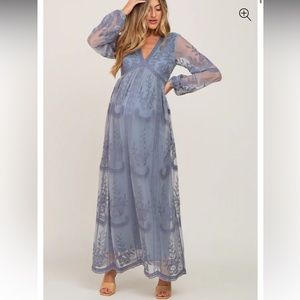 PinkBlush Blue Grey Lace Mesh Overlay Long Sleeve Maternity Maxi Dress